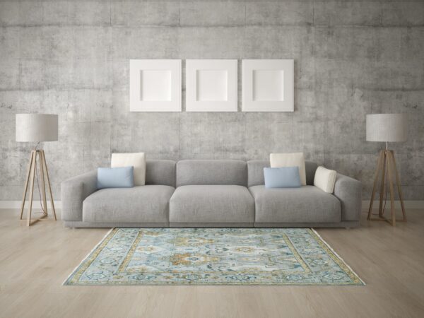 Traditional light blue and gold rug on wood flooring in a minimalist room with a gray sofa.