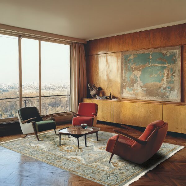 A living room with wood floors features a traditional gray and gold rug under mid-century chairs.