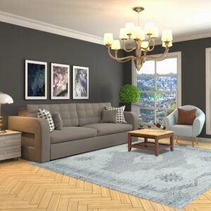 Distressed light blue rug featuring a faded traditional pattern on a natural wood floor.