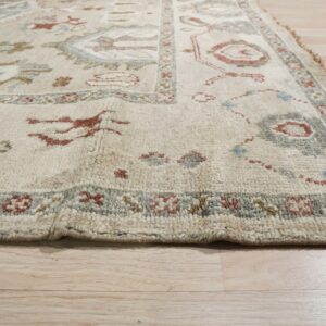 Textured cream rug with traditional medallions and borders in rust and sage on pale wood planks.