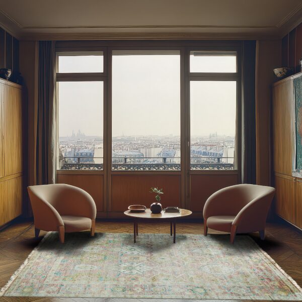 A muted rose and blue patterned rug anchors two curved chairs in a wood-paneled room with a large window.