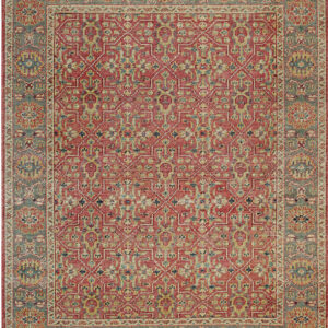 Low-pile rug with red geometric field and muted gray-blue border with floral designs.