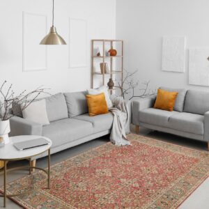 Traditional rust-red and teal patterned rug under gray sofas in a bright, modern living room setting.