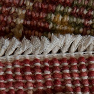 Close-up of rug edge showing high pile red and green texture, cream fringe, and a red woven border.