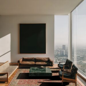 Red and teal patterned rug beneath a green marble table, brown leather sofa, and panoramic windows.