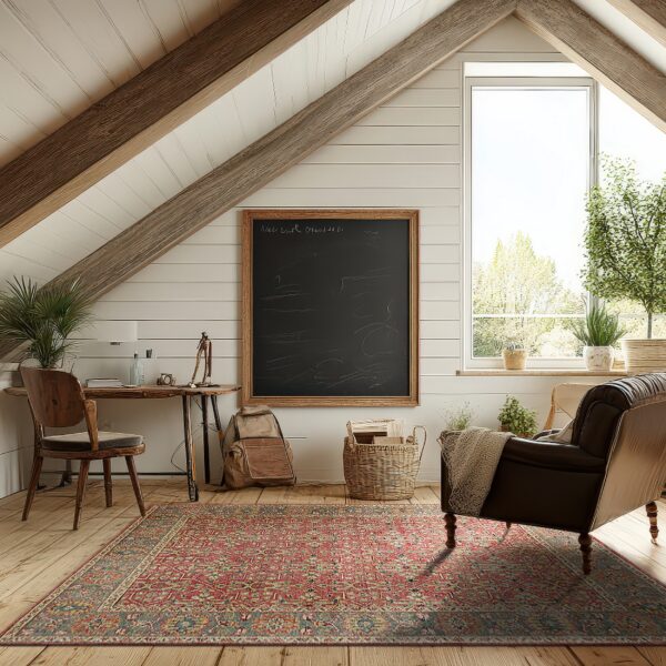 Low-pile red and blue traditional rug under a leather chair and desk in a bright loft space.