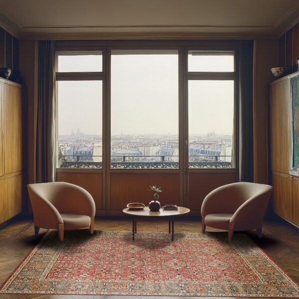 Intricate red and multicolored patterned rug placed on wood floors between two modern upholstered chairs.