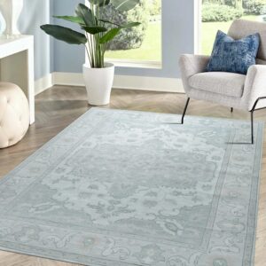 Light blue distressed traditional rug rests on herringbone wood floors beside a grey armchair and plant.