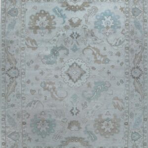 Light blue and grey-taupe traditional rug with a central medallion and distressed appearance.