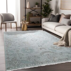 Light blue and taupe ornate rug with fringe sits on dark wood floors beside a white couch.