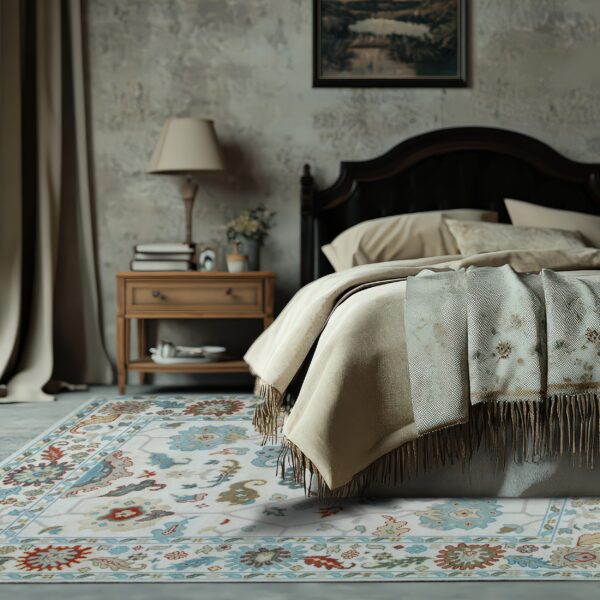 Low-pile white rug with blue and rust traditional motifs anchors a moody bedroom setting.