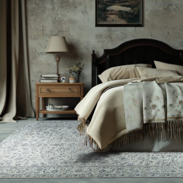 A low-pile cream and gray traditional rug sits under a bed in a moody bedroom setting.