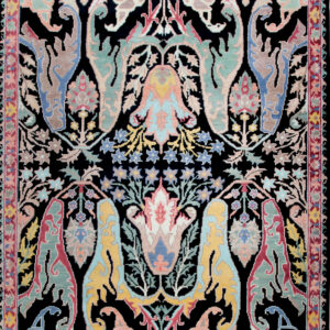 Intricate black rug featuring symmetrical palmettes and stylized flowers in shades of pastel blue, pink, and taupe.