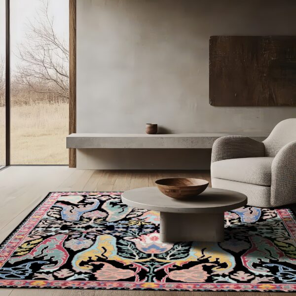 A black rug featuring bright pink, blue, and yellow patterns lies beneath a concrete coffee table.