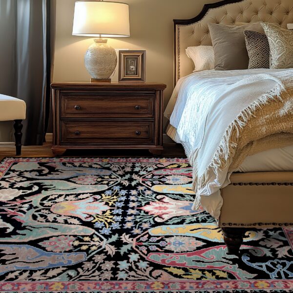 A black rug with large pastel floral and paisley motifs lies under a dark wood nightstand and beige bed.