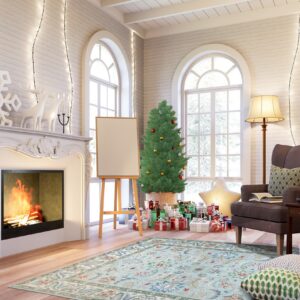 Light blue and red traditional rug on wood floor anchors a bright room with a fireplace and Christmas tree.