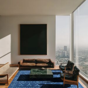 Blue geometric rug sits on herringbone wood flooring among brown leather furniture and a dark green marble coffee table.