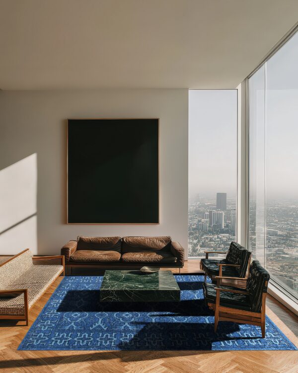 Blue geometric rug sits on herringbone wood flooring among brown leather furniture and a dark green marble coffee table.