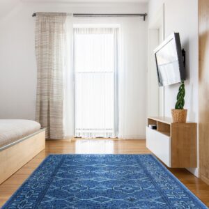 A rectangular blue rug with a light blue geometric pattern covers the hardwood floor in a sunlit room.