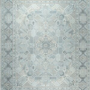 A rectangular rug featuring a distressed traditional medallion design in pale blue, cream, and taupe.