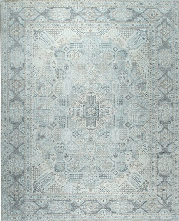 A rectangular rug featuring a distressed traditional medallion design in pale blue, cream, and taupe.