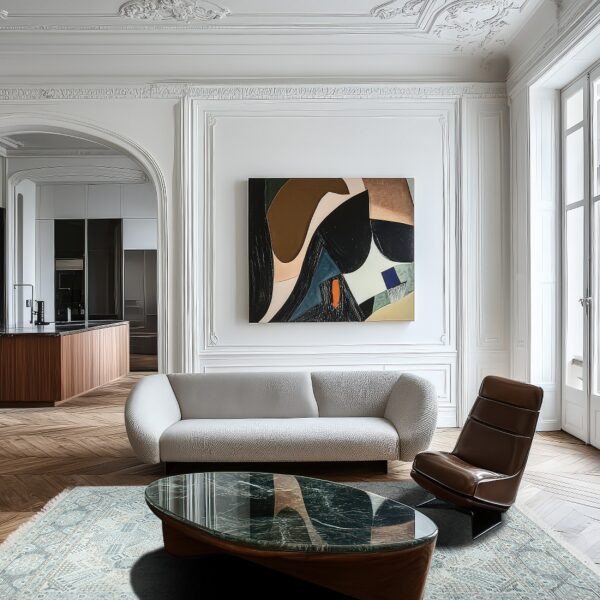 A pale blue and cream traditional area rug grounds a living room with a white sofa and wood floors.