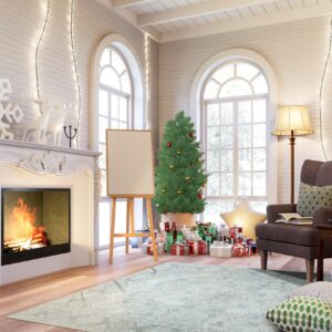 A pale blue patterned rug lies on hardwood floors in a festive room with a fireplace and Christmas tree.
