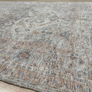 Textured high-pile rug with faded traditional patterns in gray, cream, rust, and blue rests on wood flooring.