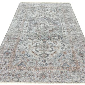 Distressed rectangular rug featuring a traditional medallion pattern in muted gray, rust, and blue tones.