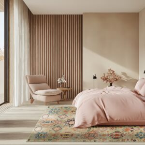 A colorful patterned rug anchors a modern bedroom with blush bedding, pale wood floors, and slat walls.