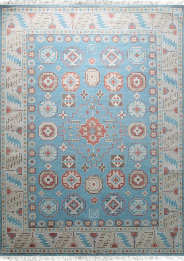 Low-pile blue rug with a symmetrical tribal pattern in cream, rust, and light blue geometric shapes.