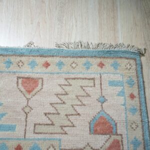 Beige rug with blue and coral geometric designs and fringe on light wood plank flooring.