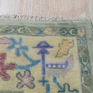 Detail of a pale yellow rug with pastel geometric patterns, a green border, fringe, and wood floor context.