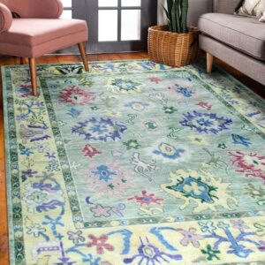Pale green rug with abstract pink, purple, and yellow motifs sits between a pink chair and gray sofa.