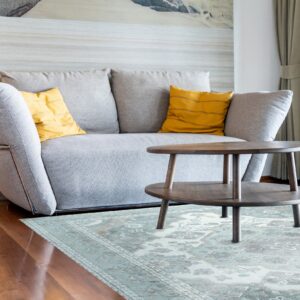 A muted gray and pale blue-green traditional rug lays under a round wood coffee table and gray sofa.