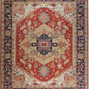 Rust red rug with a complex central medallion and intricate navy, gold, and ivory borders.