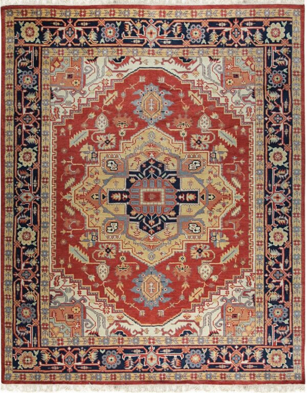 Rust red rug with a complex central medallion and intricate navy, gold, and ivory borders.