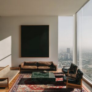 Red traditional patterned rug grounding a living area with leather seating and vast city views outside.