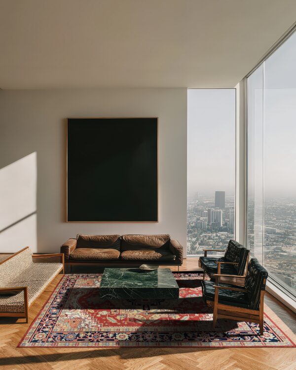 Red traditional patterned rug grounding a living area with leather seating and vast city views outside.