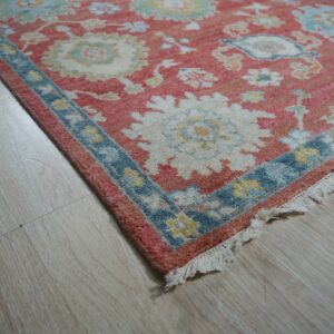 Terracotta floral rug with cream and blue medallions and tassels shown on light wood flooring.