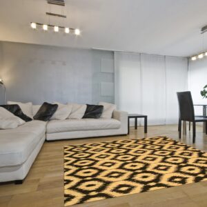 A black and tan geometric patterned rug grounds a modern living room with wood floors and a white sectional.