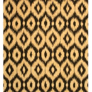 A rectangular rug featuring a repeating ikat diamond pattern in tan and black.