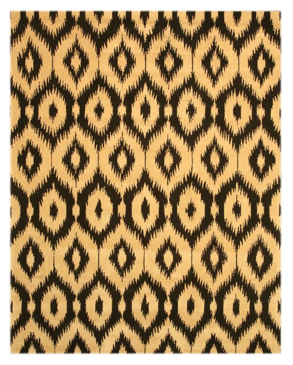 A rectangular rug featuring a repeating ikat diamond pattern in tan and black.