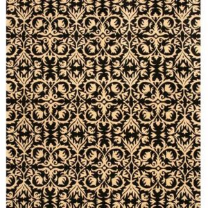 High-contrast black rug featuring a dense, repeating pattern of light beige scrolling leaves.