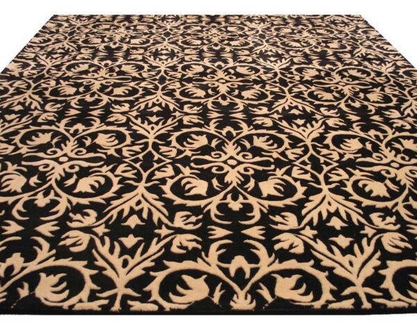 Rectangular rug featuring a deeply carved beige scrolling floral pattern contrasting against a dark black background.