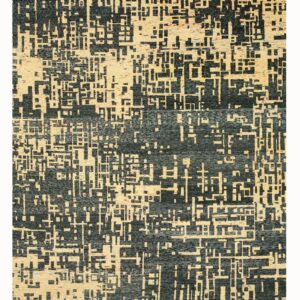 Abstract rug with a low pile geometric pattern in deep teal and variegated cream colors.