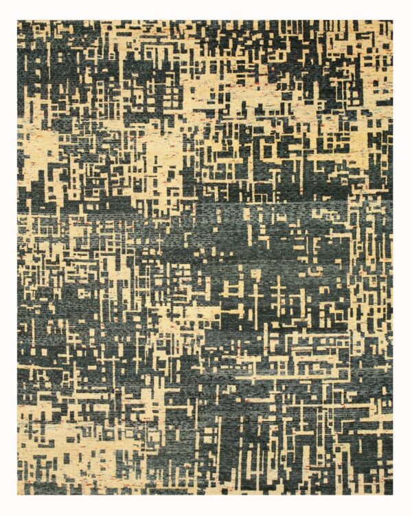 Abstract rug with a low pile geometric pattern in deep teal and variegated cream colors.