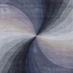 Radial gradient rug pattern in swirling bands of deep blue, various grays, white, and pale colors.