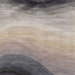 Muted abstract rug featuring horizontal, flowing bands of charcoal, gray, cream, beige, and subtle mauve.