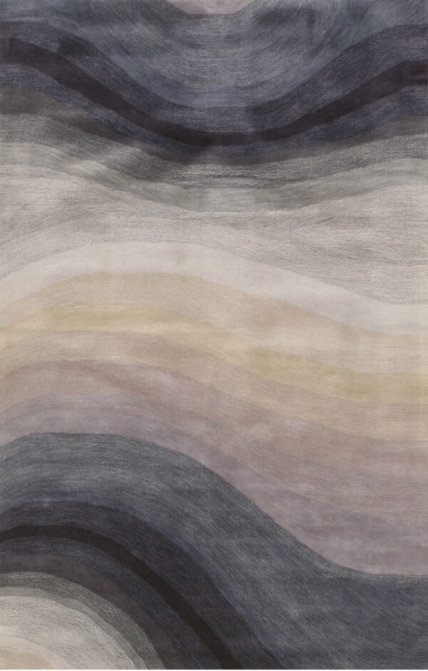 Muted abstract rug featuring horizontal, flowing bands of charcoal, gray, cream, beige, and subtle mauve.